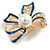 Gold Tone, Navy Blue Enamel, Crystal, Pearl Bow Brooch - 40mm L - view 5