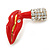 Red Enamel, Clear Crystal Lips and Lipstick Brooch In Gold Plating - 33mm L - view 2