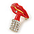 Red Enamel, Clear Crystal Lips and Lipstick Brooch In Gold Plating - 33mm L - view 3