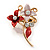 Small Pink/ Coral Double Flower Enamel, Crystal Pin Brooch In Gold Tone - 30mm L