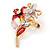 Small Pink/ Coral Double Flower Enamel, Crystal Pin Brooch In Gold Tone - 30mm L - view 2