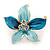 Small Light Blue/ Teal Enamel, Clear Crystal Flower Brooch In Gold Tone - 27mm
