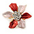 Small Coral/ Pink Enamel, Clear Crystal Flower Brooch In Gold Tone - 27mm