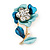 Teal/ Light Blue Enamel, Crystal Flower Brooch In Gold Tone - 30mm