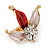 Small Pink/ Coral Enamel, Crystal Leaf Pin Brooch In Gold Tone - 25mm - view 3