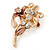 Small Bronze/ Magnolia Double Flower Enamel, Crystal Pin Brooch In Gold Tone - 30mm L - view 3