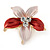 Small Pink/ Coral Enamel, Clear Crystal Flower Brooch In Gold Tone - 27mm - view 2