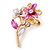 Small Fuchsia/ Pink Double Flower Enamel, Crystal Pin Brooch In Gold Tone - 30mm L - view 2