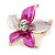 Small Fuchsia/ Pink Green Enamel, Clear Crystal Flower Brooch In Gold Tone - 27mm - view 2