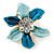 Small Light Blue/ Teal Enamel, Clear Crystal Flower Brooch In Gold Tone - 27mm - view 2