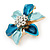 Small Light Blue/ Teal Enamel, Clear Crystal Flower Brooch In Gold Tone - 27mm - view 3