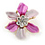 Small Fuchsia/ Pink Enamel, Clear Crystal Flower Brooch In Gold Tone - 27mm - view 3