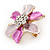 Small Fuchsia/ Pink Enamel, Clear Crystal Flower Brooch In Gold Tone - 27mm - view 5