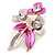 Pink/ Fuchsia Triple Flower Crystal Floral Brooch In Gold Tone Metal - 30mm L - view 2