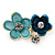 Small Blue/ Teal Two Daisy Crystal Floral Brooch - 25mm L