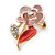 Coral/ Pink Enamel, Crystal Floral Pin Brooch In Gold Tone - 25mm L - view 2