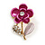 Small Crystal Fuchsia/Pink Enamel Floral Pin Brooch In Gold Tone - 27mm Tall