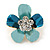 Blue Enamel Clear Crystal Flower Brooch In Gold Tone - 20mm