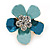 Blue Enamel Clear Crystal Flower Brooch In Gold Tone - 20mm - view 2