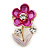 Fuchsia/ Pink Enamel, Crystal Floral Pin Brooch In Gold Tone - 25mm L