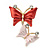 Small Coral/ Pink Crystal Butterfly Brooch In Gold Tone - 30mm - view 2