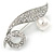 Pave Set Clear Crystal, White Glass Pearl Leaf Brooch In Rhodium Plating - 60mm L - view 1
