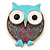 Funky Light Blue Enamel Owl Brooch In Gold Tone - 40mm L