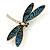 Gold Tone Teal Blue Snake Style Faux Leather Dragonfly Brooch - 70mm W - view 3