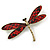 Gold Tone Dark Red Snake Style Faux Leather Dragonfly Brooch - 70mm W