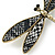 Gold Tone Black/ White Snake Style Faux Leather Dragonfly Brooch - 70mm W - view 4
