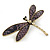 Gold Tone Purple Snake Style Faux Leather Dragonfly Brooch - 70mm W - view 2