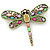 Multicoloured Acrylic Bead, Crystal Dragonfly Brooch In Antique Gold Tone - 75mm L