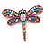 Multicoloured Acrylic Bead, Crystal Dragonfly Brooch In Antique Gold Tone - 75mm L