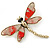 Vintage Inspired Metallic Silver/ Red Glitter Foil Dragonfly Brooch In Gold Tone - 65mm - view 5