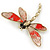 Vintage Inspired Metallic Silver/ Red Glitter Foil Dragonfly Brooch In Gold Tone - 65mm - view 4