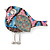 Funky Multicoloured Fabric, Sequin Sparrow Brooch In Silver Tone - 60mm