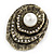 Vintage Inspired Textured, Crystal 'Shell' with Pearl Brooch In Antique Gold Metal - 45mm L - view 5