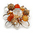 Orange, Brown Glass, Resin Bead Floral Handmade Brooch In Silver Tone - 40mm L - view 3