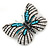 Black, Clear Austrian Crystal with Light Blue Bead 'Zebra' Butterfly Brooch In Rhodium Plating - 50mm L - view 5
