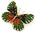 Pale Gree/ Emerald Green/ Orange/ Black  Austrian Crystal Butterfly Brooch In Gold Tone - 50mm W - view 5