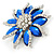 Sapphire Blue/ Clear Crystal Flower Corsage Brooch In Silver Tone - 55mm D - view 3