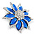Sapphire Blue/ Clear Crystal Flower Corsage Brooch In Silver Tone - 55mm D - view 5