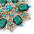 Vintage Inspired Teal Green Acrylic Bead, Light Blue Crystal Filigree Flower Brooch In Gold Tone - 60mm D - view 5