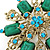 Vintage Inspired Teal Green Acrylic Bead, Light Blue Crystal Filigree Flower Brooch In Gold Tone - 60mm D - view 4