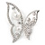 Rhodium Plated Glass Pearl, Clear Crystal Asymmetrical Butterfly Brooch - 50mm Across