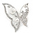 Rhodium Plated Glass Pearl, Clear Crystal Asymmetrical Butterfly Brooch - 50mm Across - view 5