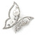 Rhodium Plated Glass Pearl, Clear Crystal Asymmetrical Butterfly Brooch - 50mm Across - view 6