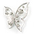 Rhodium Plated Glass Pearl, Clear Crystal Asymmetrical Butterfly Brooch - 50mm Across - view 3