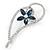 Open Asymmetrical Heart with Blue CZ Flower Brooch In Rhodium Plating - 65mm Across - view 3