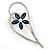 Open Asymmetrical Heart with Blue CZ Flower Brooch In Rhodium Plating - 65mm Across - view 6